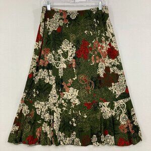 Susan Lawrence Large Green Red Floral Abstract Stretch Tiered Pull-on Skirt